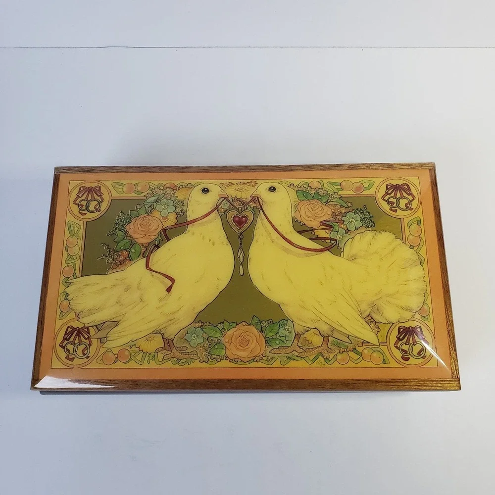 Vintage Reuge Swiss Musical Movement Lefton Jewelry Box Glossy Wood with Doves
